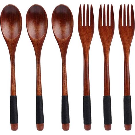 Set di posate in legno da 6 pezzi, cucchiai e forchette in legno nero, utensili da tavola riutilizzabili (1/4)