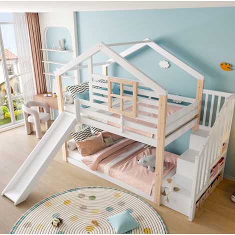 Etagenbett Hausbett skandinavisch aus Holz Weiß 90x200 cm mit Rutsche, Treppe mit Stauraum und Sicherheitsgeländer
