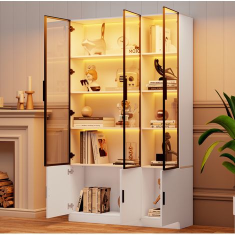 Vitrina alta (120x32x200 cm), 6 puertas, iluminación LED controlada por app, MDF y cristal, blanca (1/5)