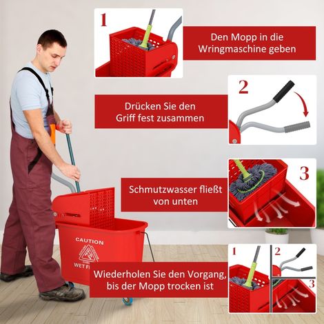 Seau à serpillière 20 L avec essoreuse et manche, seau de nettoyage à roulettes en plastique rouge (1/5)