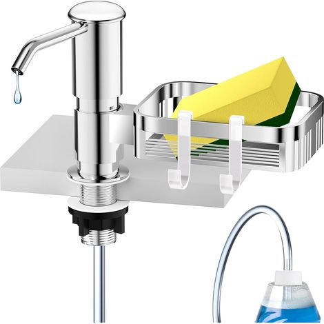 Distributeur de savon pour évier de cuisine, à encastrer sous plan, avec tuyau de 1 mètre, distributeur et porte-éponge, couleur argent. (1/5)