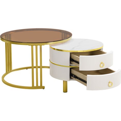 CAIziTable basse ronde 2-en-1, plateau blanc et verre brun trempé, 2 tiroirs (1/5)