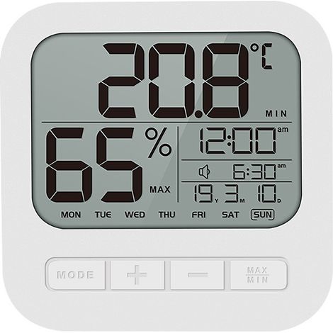Réveil numérique radio-piloté avec affichage LED et température, en plastique blanc, rétroéclairé. (1/5)