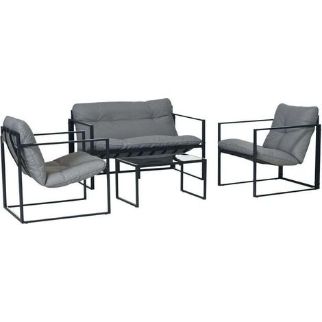 Salon de jardin 4 pièces pour 4 personnes avec canapé 2 places, fauteuils et table basse grise idéale pour extérieur. (1/5)