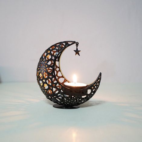 Candeliere a forma di luna - Portacandele - candeliere - Candeliere a lanterna traforata - Candeliere decorativo da tavolo - Portacandele profumato - Ferro - Nero