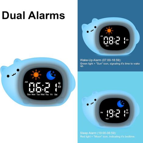 Despertador Digital para Niños con 10 Luces de Color, Función Aprendizaje, Pantalla Ajustable, 2 Alarmas, Modo Snooze, Indicador Día/Noche, Motivo Gato (1/5)