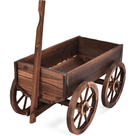 Vaso da fiori in legno con 4 ruote, Fioriera a forma di carro con maniglia e foro di drenaggio (1/4)