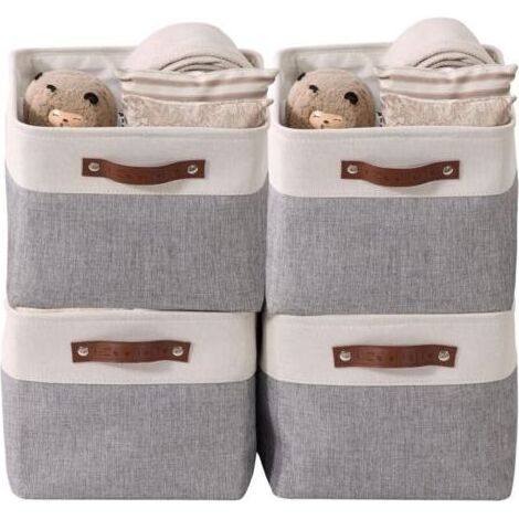 paniers de rangement pliables en tissu cationique robuste et pliable avec poignées pour étagère pour chambre d'enfant ou penderie (Gris et blanc, Large - 4 Pack) (1/2)