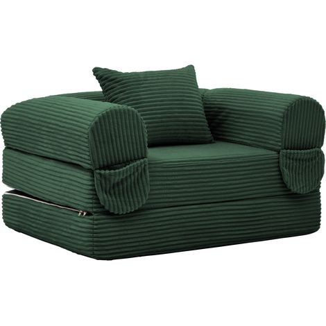 Sofá cama individual convertible de pana verde con cojín (1/5)