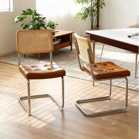 Silla de comedor cantilever, diseño moderno, estructura de acero cromado, polipiel y rattan marrón (1/5)
