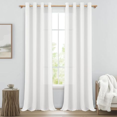 Rideaux Salon Lin Blanc 140x250cm à Oeillets, Lot de 2 Panneaux Voilages Élégants pour Fenêtre Chambre Salon et Bureau, Draperies Intérieures Translucides (1/5)
