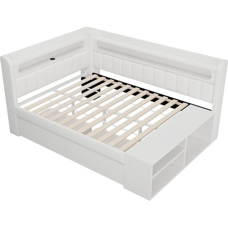 Letto imbottito 90x200 cm con USB e LED, vano scarpe e 2 cassetti, bianco HOMVRA (1/5)