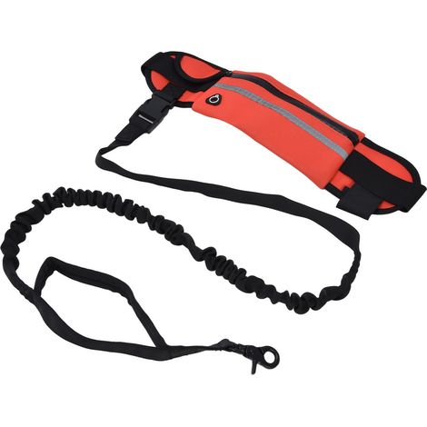 Laisse mains libres pour chien avec sac à fermeture éclair amovible, bande réfléchissante, ceinture flexible et mains libres pour les promenades (rouge) (1/5)