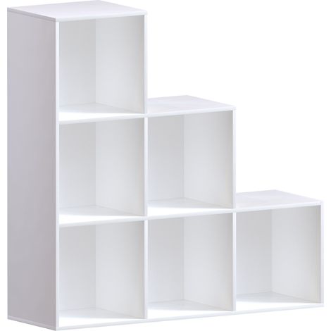 Durham 6 Cube Bookcase Staircase Shelf Wooden Display Storage Rack Free Standing Shelf Unit, White-3-Grey-Baskets (1/5)