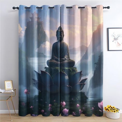 Rideau Occultant Bouddha, Motif Rideaux Thermiques à Oeillets, Rideaux Imprimé pour Salon Chambre Fenetre Moderne Décoration, 140x160 cm (L x H), Lot de 2 - 140L X 160H cm (2 Panneaux) (1/5)