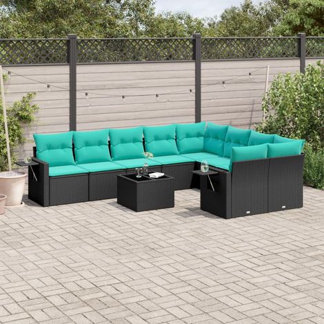 10-teiliges Gartensofa-Set mit Kissen, schwarzes Polyrattan (1/5)
