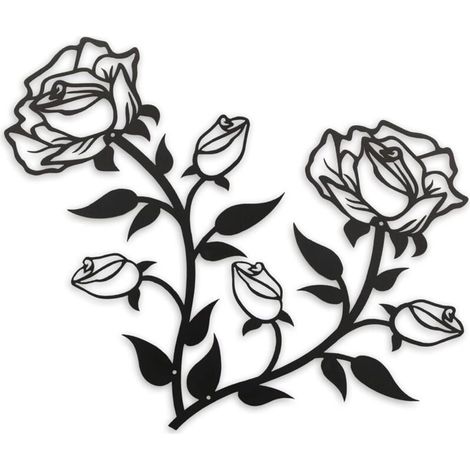 Grande décoration murale de fleur de rose, 38 cm de haut en métal noir, décoration murale pour la maison, la chambre, le bureau, l'intérieur et l'extérieur (2 pièces) (1/4)