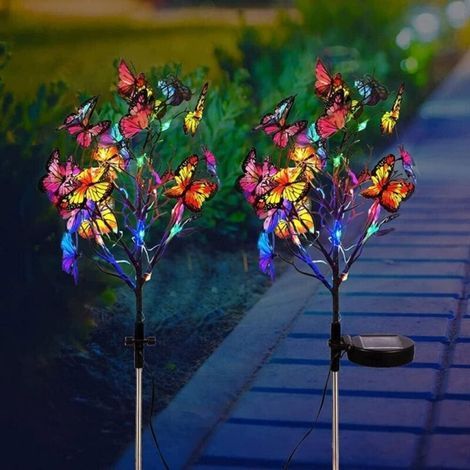 Lampes solaires de jardin, lot de 2 lampes solaires papillon d'extérieur, lampadaires décoratifs étanches, lampes solaires pour décoration de jardin extérieur, terrasse, porche, allée (papillon) (1/4)