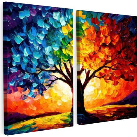 MULTI-PANEL WALL ART Set of 2 Tree - Colorful - Paint look - Abstract 120x90 cm