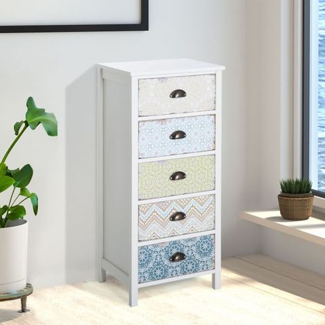 EASYCOMFORT Cassettiera Mobiletto Vintage con 5 Cassetti Stile Shabby Bagno, Ingresso, Camera 46 × 34 × 97.5cm Bianco