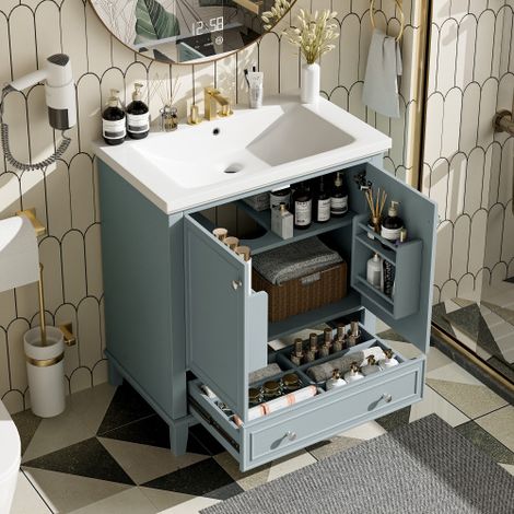 Juego de tocador de 30 pulgadas con lavabo, mueble de baño multifuncional con puerta y cajón, estructura de madera maciza y MDF, verde (1/5)