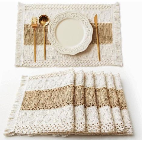Lot de 6 sets de table Boho, décoration de table en macramé, sets de table en toile de jute de coton naturel pour cuisine et salle à manger (beige et marron) (1/3)