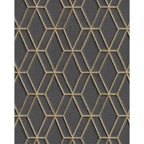 Graphic wallpaper wall Profhome DE120066-DI hot embossed non-woven wallpaper embossed with rhomboid pattern shiny anthracite gold 5.33 m2 (57 ft2) (1/3)