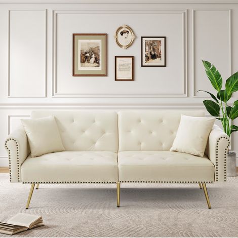 Divano letto 2 posti 147x85 cm beige in velluto con schienali regolabili e piedi in metallo dorato (1/5)