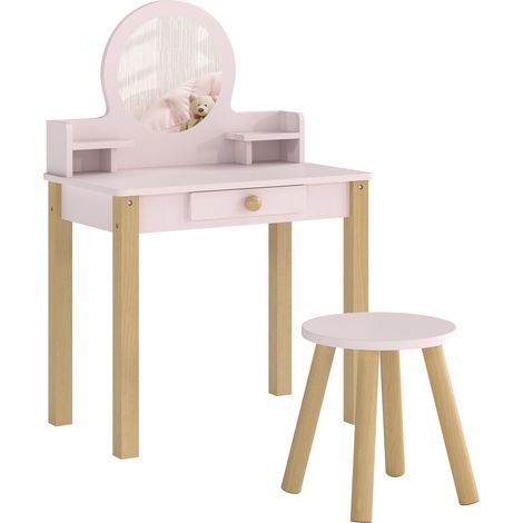 Coiffeuse enfant - AIYAPLAY - avec miroir et tabouret - tiroir de rangement - bois - 55 x 34 x 82 cm - rose (1/5)