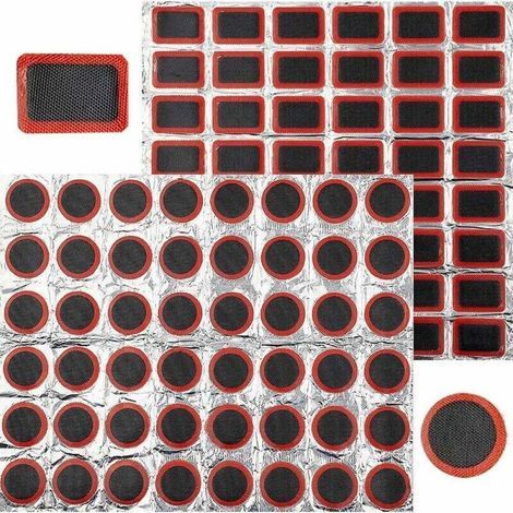 96 Pièces Rustine Vélo, 48 Patchs Carrés+48 Pièces Rondes, Rustine Pneu Vélo, Pneu en Caoutchouc Patch pour Réparation de Pneus de Vélo (1/5)