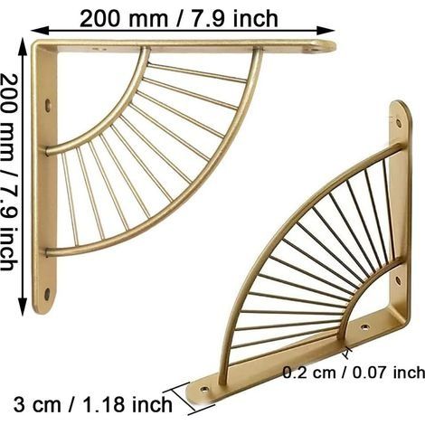 2 Wandregalhalterungen, 20 cm Edelstahl-Konsolenträger, Metallregalhalterung, Wandregalbefestigung, schwebende Dreieckshalterung, für Küche, Schlafzimmer, Büro, Gold (1/4)