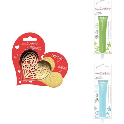 Kit pour biscuit en relief Coeur + 2 Stylos au chocolat vert clair et bleu pastel (1/3)