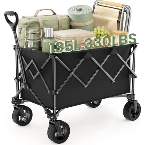 Chariot de Camping Pliable 135 L, Capacité de Charge 150 kg, Chariot Tout‑Terrain avec Roues Pivotantes 360° et Poignée Télescopique, pour Jardin, Courses, Plein Air (1/5)
