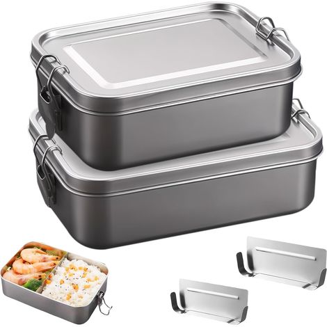 Lot de 2 boîtes à déjeuner en acier inoxydable avec compartiment de séparation - 850 ml + 1400 ml - Anti-fuite - Passe au lave-vaisselle et empilable - Boîte alimentaire 304 pour le travail (1/5)