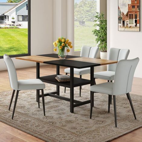 Table et Chaises de Salle à Manger 160 cm 4 Chaises Rectangulaire Rangement intégré Chaises PU gris clair Pieds métal noir (1/5)