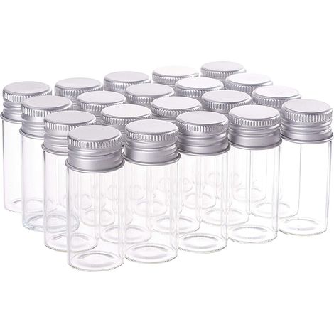 Petites bouteilles en verre transparent 20 pièces 20 ml (30 × 50 mm) avec bouchon à vis en aluminium argenté, pots alimentaires pour herbes, épices, huiles et poudres sèches (1/5)