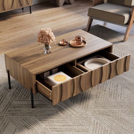 Mesa de centro 105x55x41 cm natural en MDF y tablero de partículas con 2 cajones (1/5)