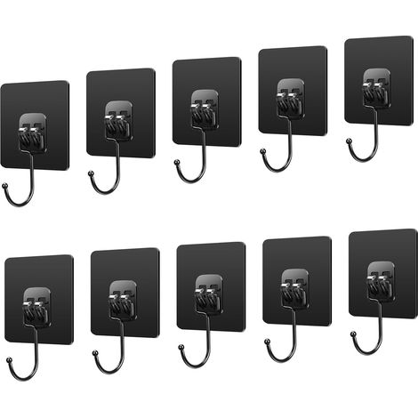 Packung mit 10 schwarzen Klebehaken für die Wand, max. 10 kg Tragkraft, zum Aufhängen von Badezimmerartikeln, Decken, Türen, Küchenartikeln, Bademänteln und Handtuchhaltern. (1/5)