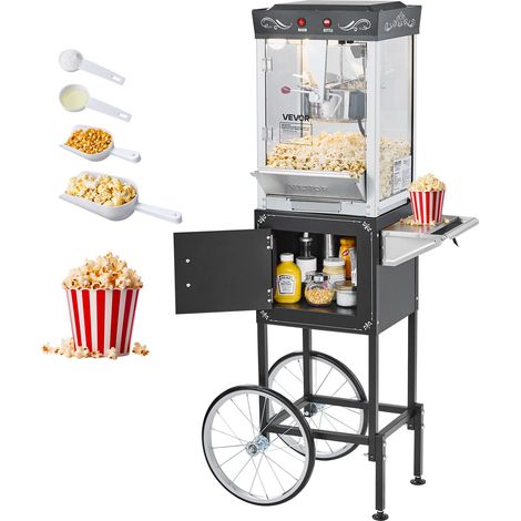 Machine à Pop Corn avec Chariot, Éclateur de Maïs 800 W, Grand Bol en Inox 0,2 kg, 48 Tasses par Lot, avec Commande à 2 Boutons, Paroi en Verre, Porte PC, Pelle Doseuse et Cuillères, Noir (1/5)