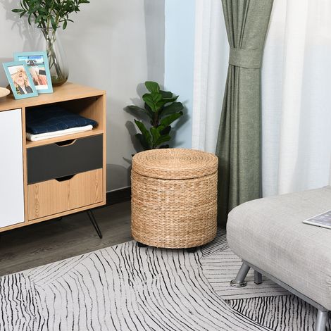 Pouf conteneur rond style Boho avec revêtement naturel, Table basse salon Ø43x43cm, kaki (1/5)