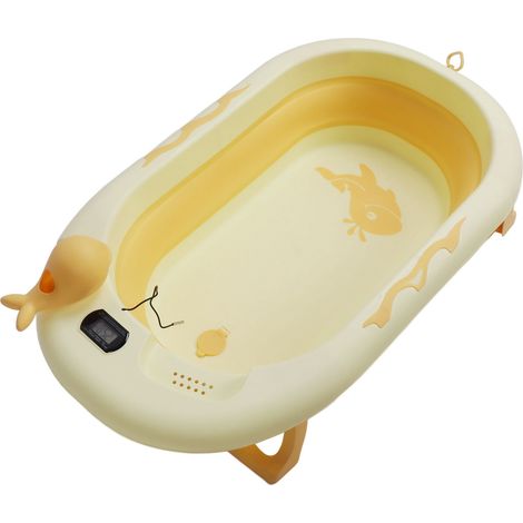 Faltbare Babybadewanne mit Temperatursensor, faltbar, dicke Wände, geeignet zum Sitzen und Liegen, cremefarben-gelb (1/5)