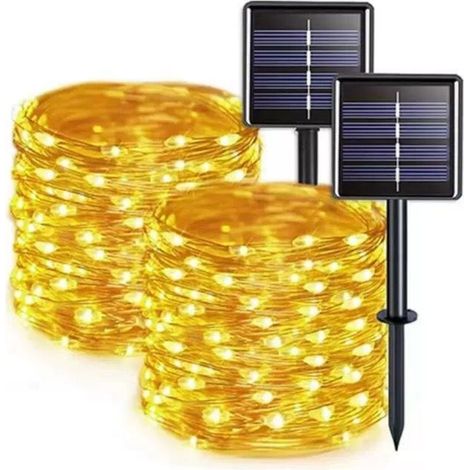 Lot de 2 guirlandes lumineuses solaires d'extérieur, 12 mètres chacune, 100 LED, fil de cuivre étanche et 8 modes, lumières clignotantes solaires pour jardin, mariage, clôture (blanc chaud)