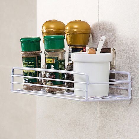 Estantes flotantes para baño con ganchos, para ducha, sin taladros, organizador de pared para cocina, para champú y toallero, color blanco, sin ganchos. (1/2)