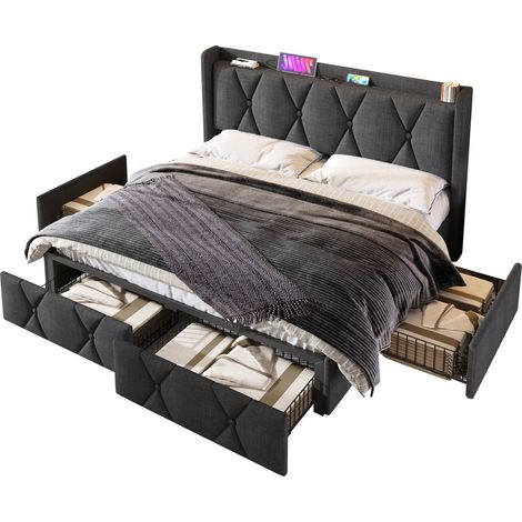 Lit Capitonné Gris 160×200cm Tête avec Prises et USB, 4 Tiroirs, Rangement, Sommier à Lattes, Sans Matelas