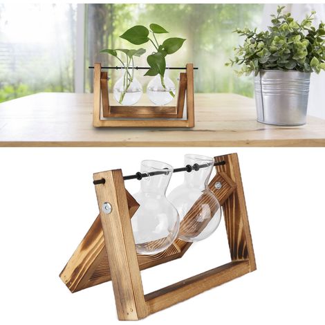 Support en bois transparent créatif pour plantes hydroponiques, vase de bureau, récipient frais et simple pour salon, décoration moderne, support rétro + double bouteille (1/5)