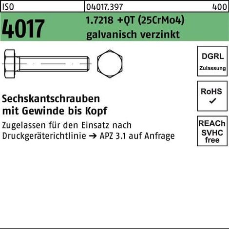 Sechskantschraube ISO 4017 VG M16x45 1.7218 +QT (25CrMo4) galv.verz. 50St.