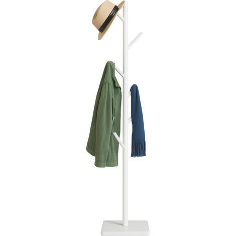 Relaxdays Coat Stand, 8 Hooks, 177 x 30 x 30 cm, 3 Heights Settings, Rubberwood & MDF, Hallway Rack, Freestanding, White