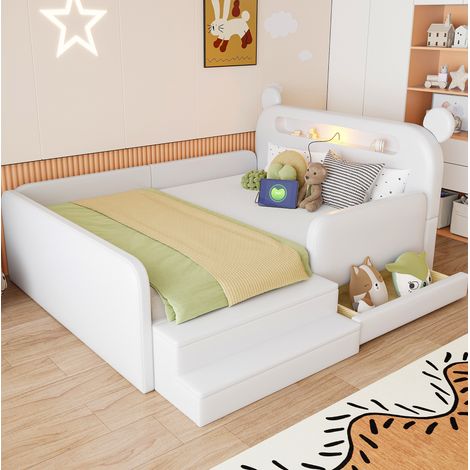 Kinderbett 140x200 cm Weiß aus Kunstleder mit Bären-Kopfteil, Nachtlicht, USB-Anschluss und Stauraum (1/5)