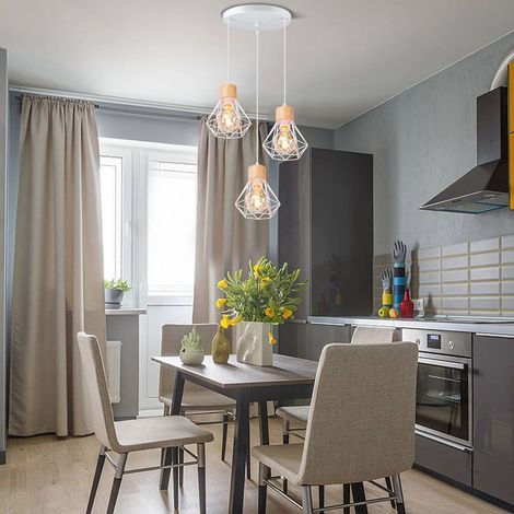 3 Lampes Lustre Suspension Industrielle Moderne Plafonnier avec Base Ronde Abat-jour en Forme Diamant Lampe de Plafond en Métal et Bois pour Salon Cuisine Chambre Blanc (1/5)