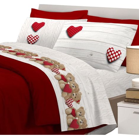 Completo letto lenzuola orsetti con stampa fotografica 100% cotone made in italy Rosso - 1 Piazza